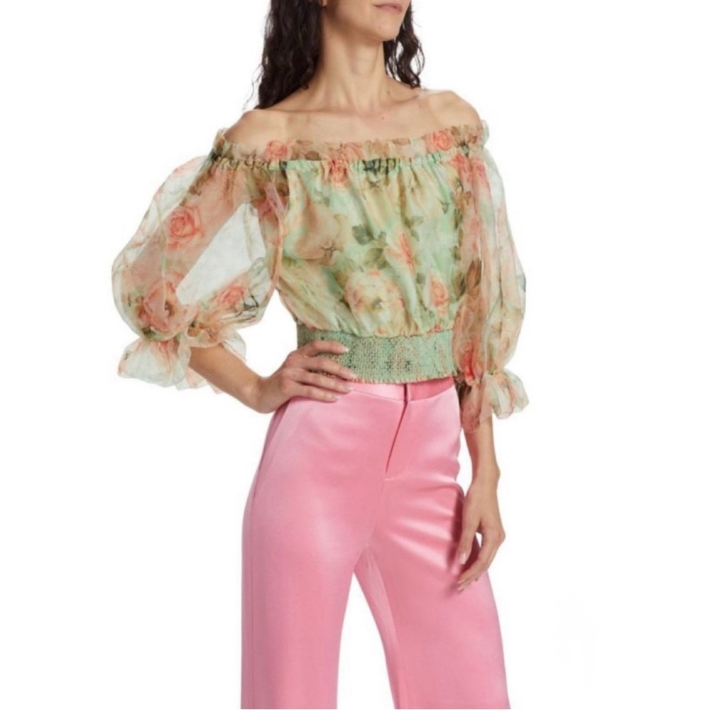 NWOT ALICE + OLIVIA Caprina Floral Chiffon Blouse in Pistachio Multi Size XS